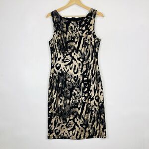 Frank Lyman‎ Black Gold Animal Print Sleeveless Shredded Sheath Dress Women's 8